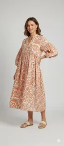 Robe midi bohème en coton à imprimé floral orange avec manches bouffantes, coupe ample, col noué, robe d'été pour femmes - Product Image 3