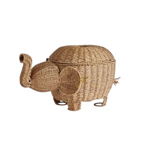 Cute Elephant Design Handmade Seagrass Storage <b>Basket</b> <b>with</b> <b>Lid</b> Indoor Home Decorative Sundries Playroom Toy Chest Box - Product Image 1