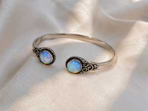 Jewelry Town Designer Opalite Two Stone Bezel Set Adjustable <b>Cuff</b> <b>Bracelet</b> Handmade Brass Gold/<b>Silver</b> Plated Unisex Classic Gift - Product Image 2
