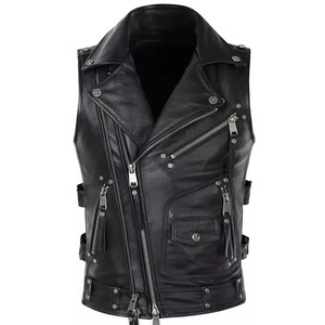 Gilets en cuir pour hommes, sans manches, style motard, gaufrés, couleur unie, pour l'automne - Product Image 6
