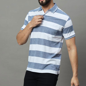 Polo homme à manches courtes en tricot rayé bleu et blanc, style décontracté avec poche, coupe classique, faible MOQ, polos pour homme - Product Image 2