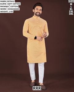 Ensemble Kurta Payama en coton pour homme avec broderie Chikankari, bleu clair et blanc, coupe classique, vêtements décontractés traditionnels indiens, tailles M L XL 2XL 3XL - Product Image 4