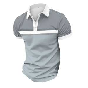 Polo pour homme à blocs de couleur, manches courtes, rayé, décontracté, tricoté, coupe classique, bleu clair, beige, bordure blanche - Product Image 3