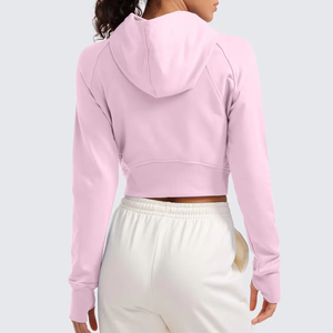 Women's Pink <b>Cropped</b> Hoodie <b>Zip</b>-<b>Up</b> Sweatshirt Full Sleeve Solid Color Knitted Cotton Autumn Wear - Product Image 2