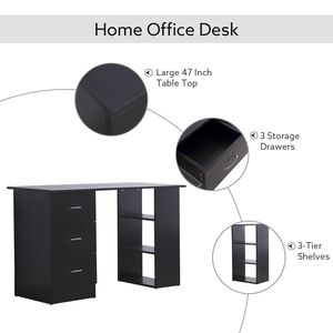47\" Modern Home Office Computer <b>Workstation</b> Desk with 3-Tier Shelves and 3 Storage Drawers-Black - Product Image 4