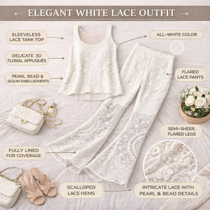 Womens Solid White Lace Two Piece Set | Sleeveless Tank Top High Waist <b>Flare</b> Pants | Elegant Breathable Party Wear Outfit Styles - Product Image 2