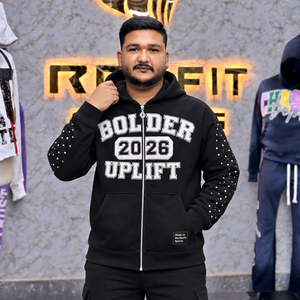 Custom Unisex Zip Fleece Hoodie Regular Fit Streetwear Sweatshirt <b>Applique</b> <b>Letter</b> Design Rhinestone Sleeve Custom Label OEM ODM - Product Image 2