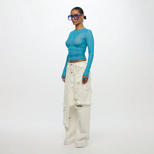 Nueva Camiseta de Malla de Manga Larga Sexy y Elegante para Primavera/Verano, Camiseta de Malla de Manga Larga para Mujer, Corte Ajustado con Logotipo Sólido - Product Image 5