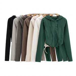 Sudadera de punto con capucha y cremallera para mujer, manga larga, asimétrica, color liso, transpirable, de algodón y elastano, estilo corto a la moda - Product Image 1