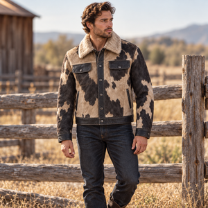 Veste de cowboy pour homme en patchwork de cuir de vachette, style western trucker, avec col en peluche, coupe courte, boutonnée sur le devant, vêtement d'extérieur décontracté urbain et tendance - Product Image 5