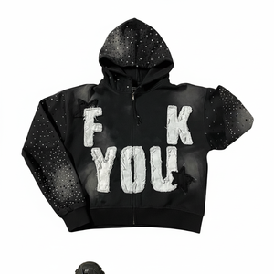Sudadera con capucha y cremallera para hombre, de corte perfecto, el mejor material, extragrande, con efecto desgastado por el sol, con logo aplicado y pedrería en toda la prenda. - Product Image 6