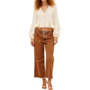 Chemisier décontracté pour femme à volants, boutonné sur le devant, manches longues, col en V, en mousseline 100 % coton respirant - Product Image 3