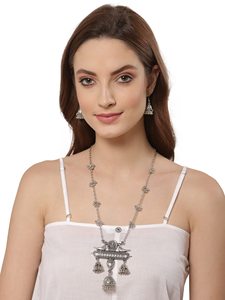 Arya Digital Silver Tone Bird Pendant <b>Necklace</b> Earring <b>Set</b> Antique Floral Charming <b>Indian</b> Traditional Oxidized Silver Jewelry - Product Image 3