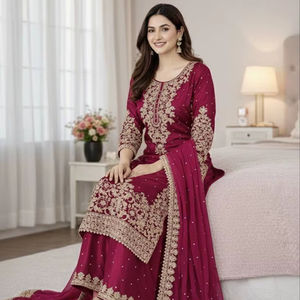 Conjunto Étnico Premium GMY de Seda Salwar Kameez con Bordado Pesado y Trabajo de Secuencia Codificada, Completamente Cosido, Listo para Usar, para Bodas y Fiestas - Product Image 1