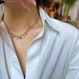 Collar de cadena con cuentas de circonita cúbica con corte de corazón chapado en oro real de 18 quilates para mujer, joyería de moda para uso diario y fiestas - Product Image 1