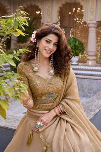 Gold Embroidered Lehenga Choli Silk Wedding Party Outfit V Neck Half Sleeve Floor Length <b>Dress</b> for Women - Product Image 5