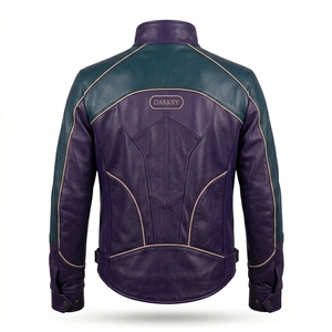 Veste de motard Darkry personnalisée pour homme en cuir véritable violet avec empiècements turquoise et fermeture éclair asymétrique – Vente en gros - Product Image 2