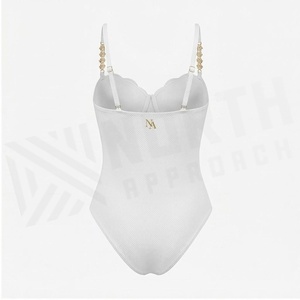 White Textured One Piece Swimsuit With Rhinestone Strap Detail Push Up Bra Style Women's Beachwear - Product Image 3