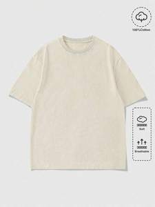 เสื้อยืดโอเวอร์ไซส์สีเบจสไตล์วินเทจ ล้างสีแล้ว โลโก้เรียบง่าย เนื้อผ้านุ่ม 100% ผ้าฝ้าย เสื้อโอเวอร์ไซส์แนวสตรีทแวร์ลำลองสำหรับฤดูร้อน เสื้อยืดผู้ชาย - Product Image 6