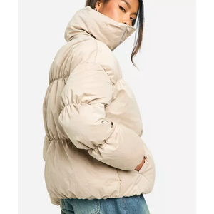 Unisex Beige Black Color Block Puffer <b>Jacket</b> Stand Collar Zipper Closure Embroidered Logo Winter Casual Coat - Product Image 3