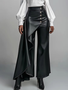 Pantalones Anchos Asimétricos de Piel Sintética Negra para Mujer, Cintura Alta, con Botones, Estilo Casual y Atrevido, Aspecto Premium - Product Image 5