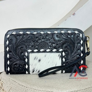 Handcrafted Tooled Floral Leather Wristlet Wallet High Quality Cowhide Genuine Leather Stylish Cash Holder Evening <b>Women</b> <b>Clutch</b> - Product Image 1