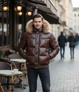 Veste matelassée en cuir marron pour homme avec capuche en fourrure |   Blouson d'hiver en cuir véritable - Product Image 3