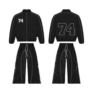 New Arrival Custom Men's Black 74 Printed Tracksuit <b>Set</b> Sporty Windbreaker Jacket With Drawstring Pants Breathable Polyester - Product Image 1