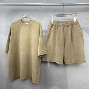 Nouvel ensemble d'été en ligne : T-shirt oversize en coton 400g teint à la cire, effet vintage délavé, col rond, manches courtes et short pour homme, unisexe - Product Image 5