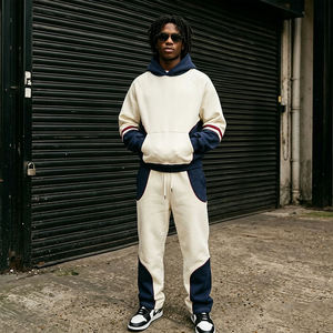 Unisex Acid Wash Animal Print Color Blocking Hooded Tracksuit <b>Set</b> for Navy Full Sleeve Drawstring Pants Casual Winter Wear - Product Image 2