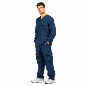 Tenues d'infirmiers d'hôpital, ensembles de blouses et pantalons cargo en tricot écologiques à col en V et manches longues pour hommes - Product Image 5