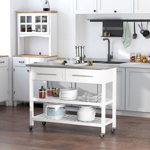 Carrello da Cucina Bianco su Ruote con Piano in Acciaio Inossidabile e Porta in Vetro, Carrello Mobile Realizzato in Truciolato di Legno - Product Image 2