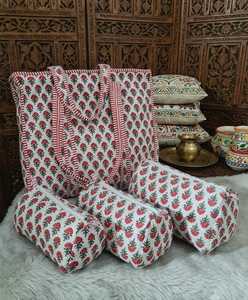 Bolsa de Mano Grande de Algodón Acolchado con Estampado a Mano Estilo Japonés, con Juego de 3 Bolsas Cosméticas con Cierre, Color Sólido - Product Image 3