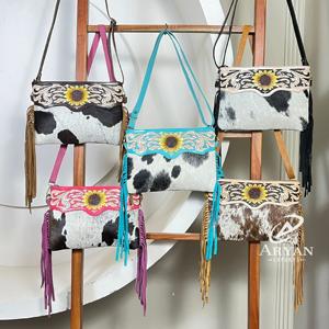 Best-Selling High Quality Sunflower Design Tooled Leather Boho Fringe Bags Low Price Cowhide Leather Crossbody Handbag For Women - Product Image 1