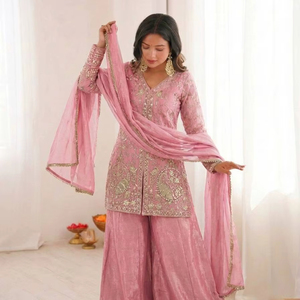 Premium Fendy Silk Kurti Palazzo Suit with Embroidery Work & Lace Border Dupatta – <b>Wedding</b> & Party Wear - Product Image 1