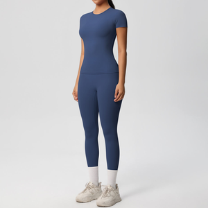 Ensemble de yoga 2 pièces sans bretelles pour femmes, respirant, imprimé, manches courtes, taille haute, longueur intégrale, vêtements de sport sans couture - Product Image 1