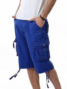 Men's Solid <b>Cargo</b> Shorts Mid Waist Drawstring Closure With Pockets Casual Style Breathable Cotton Fabric Bermuda Length - Product Image 6