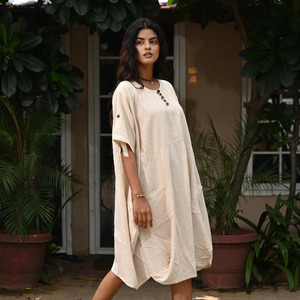 Pure Linen Beige <b>Kaftan</b> Midi Dress with Pockets Casual <b>Summer</b> Lounge Wear for Women Casual Outings Versatile Dress - Product Image 1
