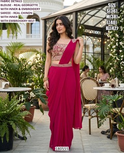 Pink Neelam Drape <b>Saree</b> for Winter Party Occasions Traditional Style Wrinkle Free & Moisture Wicking - Product Image 2