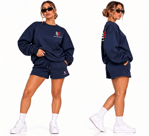 Ensemble survêtement molletonné rose personnalisé pour femme, en polyester/coton, avec short et sweat-shirt à col ras du cou et épaules tombantes, fermeture à cordon de serrage - Product Image 6