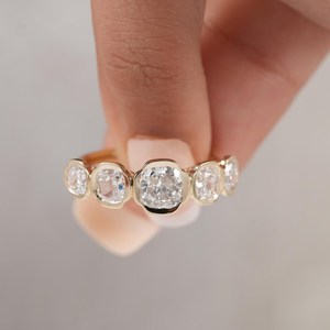 Luxury Cushion Cut Diamond Five Stone <b>Ring</b> Bezel Set Lab Grown 14K Yellow Gold For Unisex Wedding Wishes Gift For Friends - Product Image 3