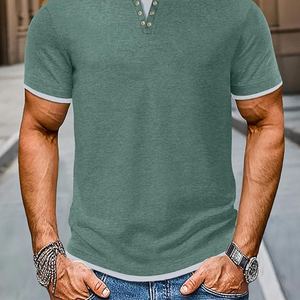 Camiseta Henley para Hombre, Manga Corta, Mezcla de Algodón, Jersey Transpirable, Corte Regular, Informal, para Verano - Product Image 5