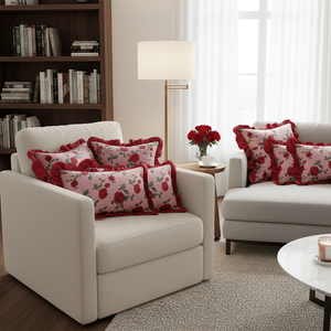 Set di 6 Federe Decorative con Volant Rosse e Bordeaux, 2x 30x50cm, 4x 45cm - Cuscini Decorativi e da Divano - Product Image 2