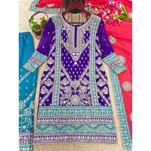 Designer Georgette Séquence Broderie Travail Style Indien Top Palazzo avec Dupatta Violet - Product Image 3