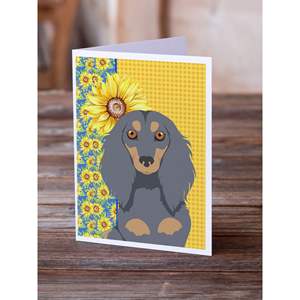 การ์ดอวยพร Dachshund ลายดอกทานตะวันสำหรับฤดูร้อนการ์ดเปล่ามีซองขนาด8 A7ขนาด5x7ทรงยาวขนยาวสีฟ้าแทนสีน้ำเงิน - Product Image 2