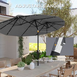 Parasol de patio extérieur double face de 9,7' avec mécanisme d'inclinaison et manivelle, éclairage solaire LED, 12 baleines, gris - Product Image 4