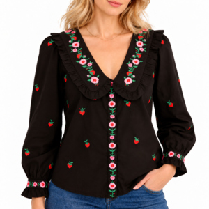 Blusa negra con estampado floral de fresas para mujer, con cuello con volantes, mangas largas abullonadas y botones en la parte delantera - Product Image 3