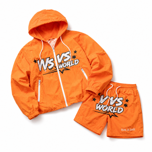 Men's Lightweight Crinkle Nylon Tracksuit Orange Graphic Windbreaker Hooded Jacket and Shorts 2 Piece <b>Set</b> Retro Y2K Streetwear - Product Image 3