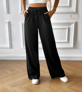 Women's Elastic Waist Solid Color 100% Cotton Canvas Autumn Casual Style Zipper Fly Straight Trousers Pants with Pockets - Product Image 1