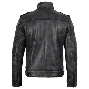 Chaqueta de Cuero Genuino para Hombre, Estilo Motero, con Cuello Alto, Impermeable, Forro de Sherpa - Product Image 3